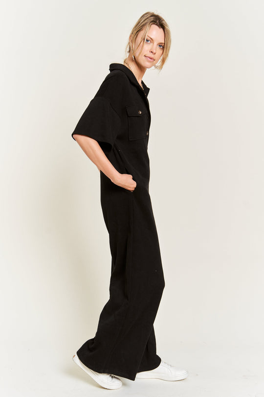 Basic Collar Shirt Wide Leg Jumpsuit