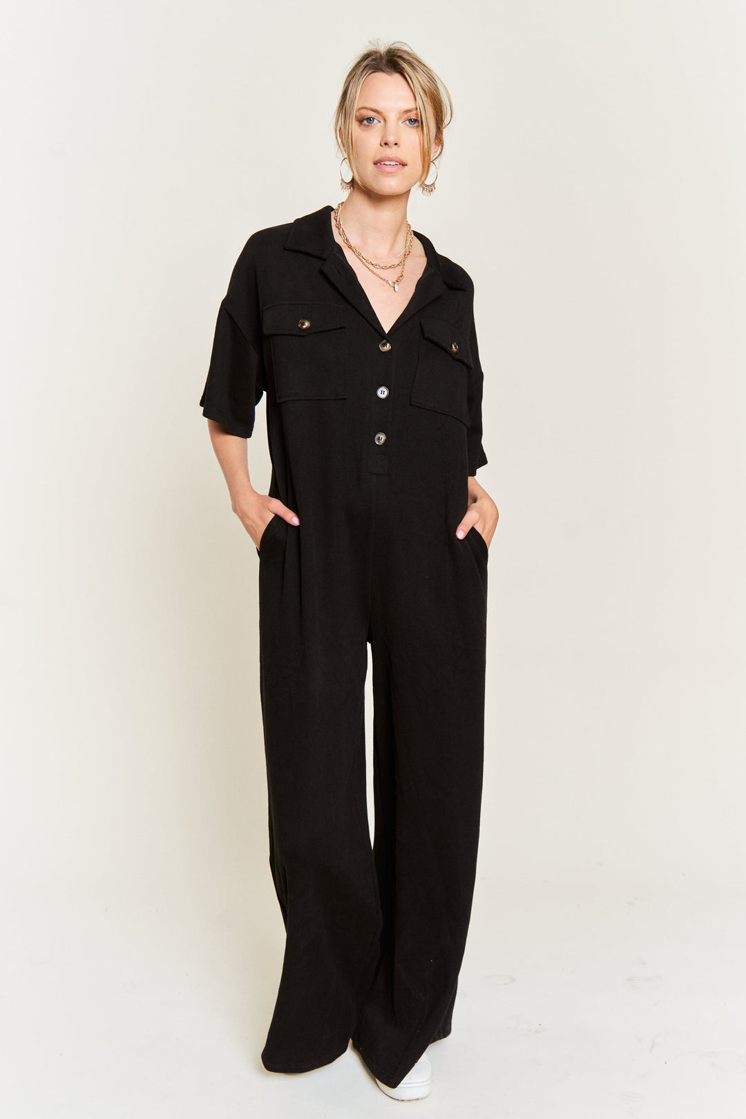 Basic Collar Shirt Wide Leg Jumpsuit