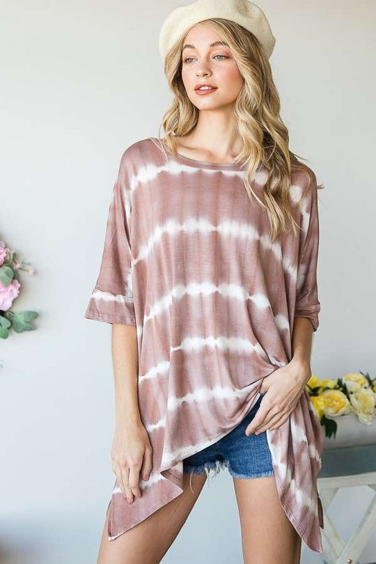 Round Neck Striped Tie-Dye Short Sleeve Tunic