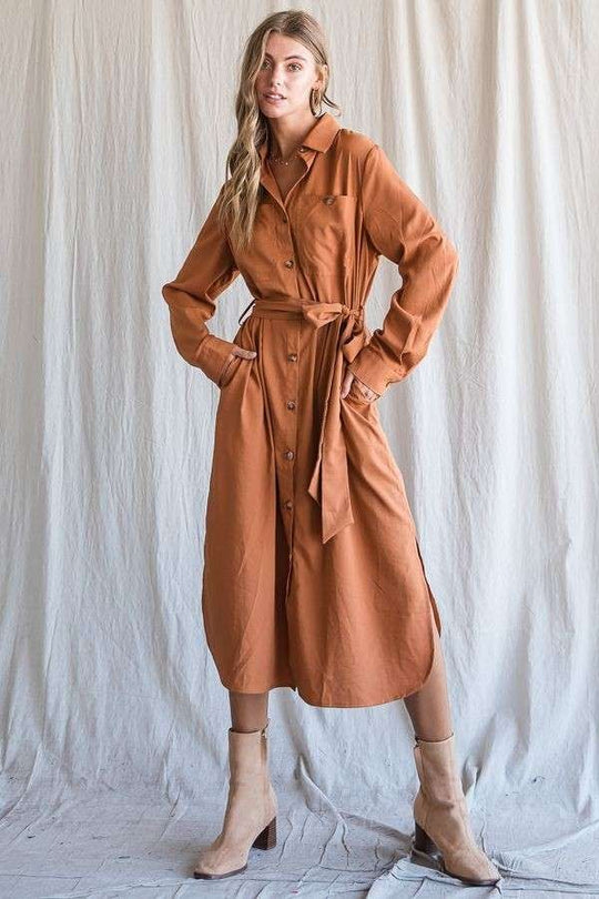 Solid Button-Down Belted Long Dress