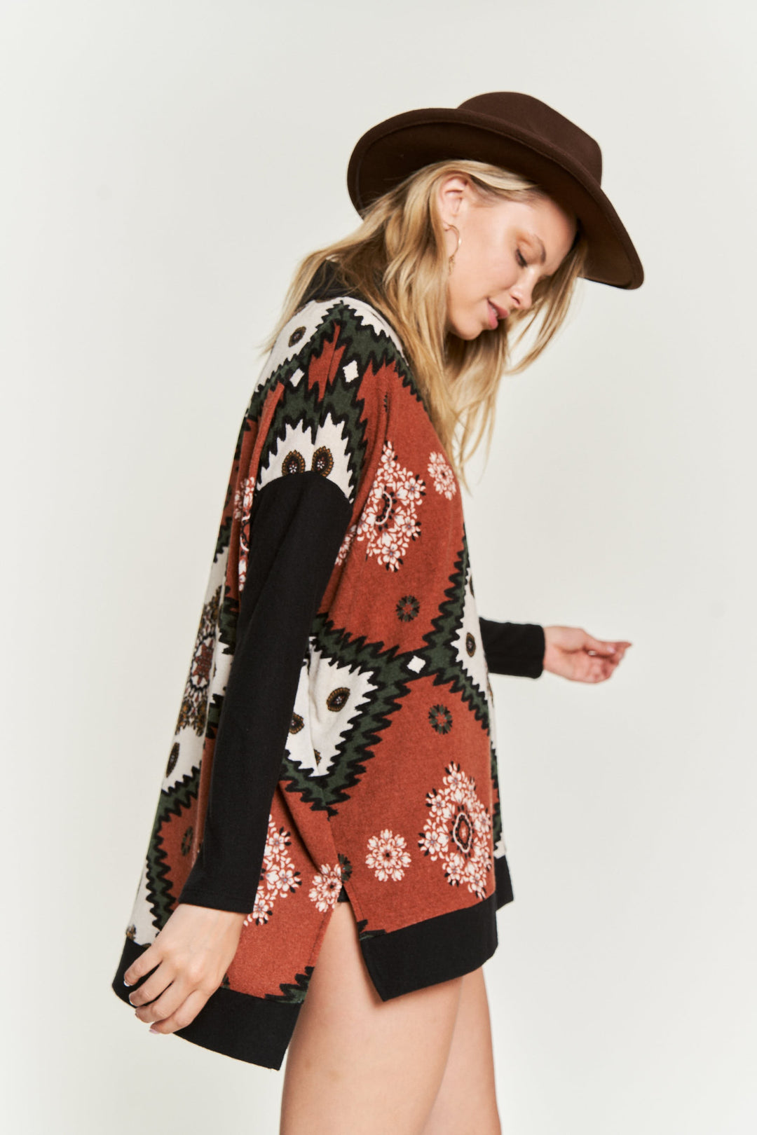 Aztec Floral Print Cowl-Neck Top