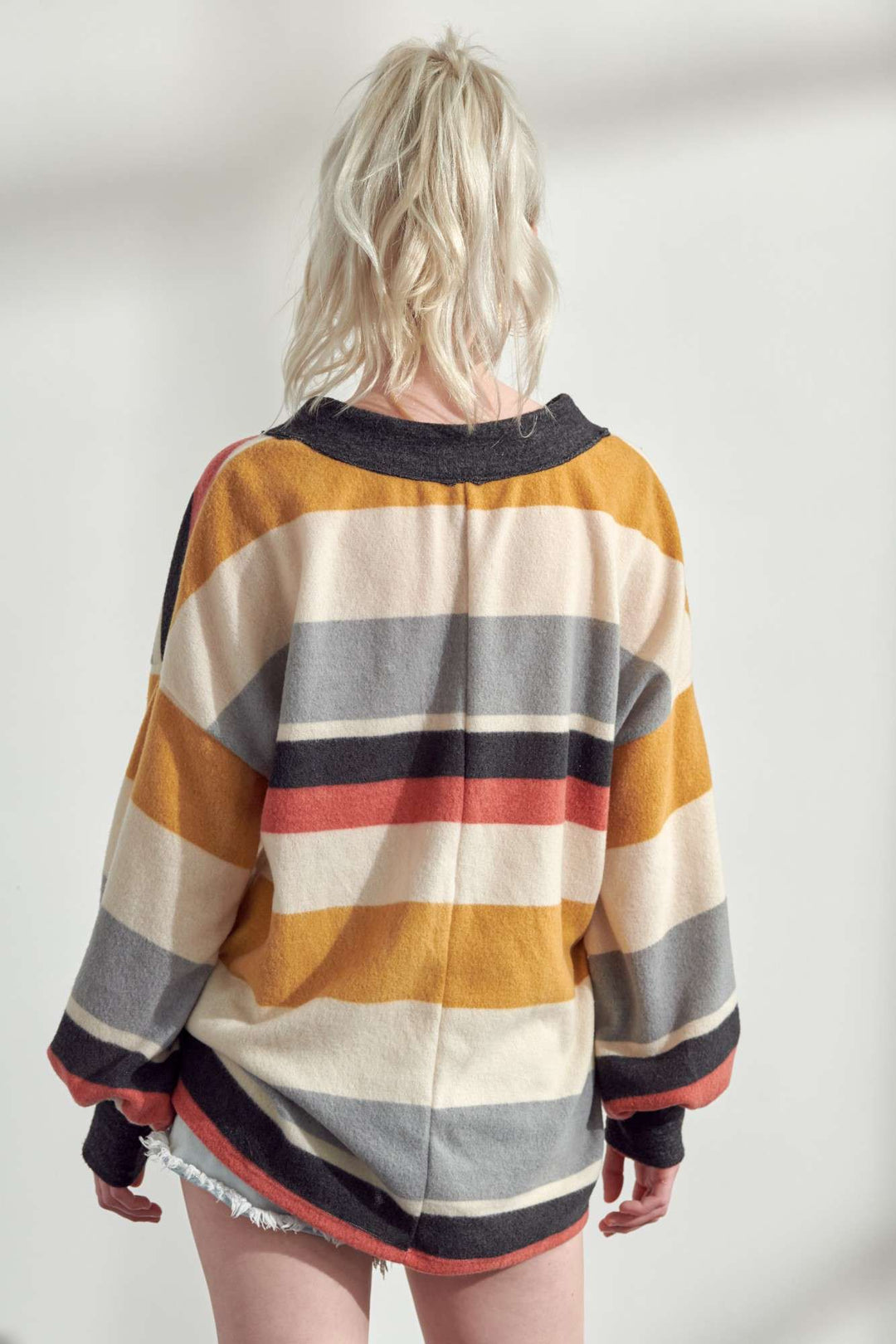 V-Neck Multi Color Stripe Long Sleeve Top