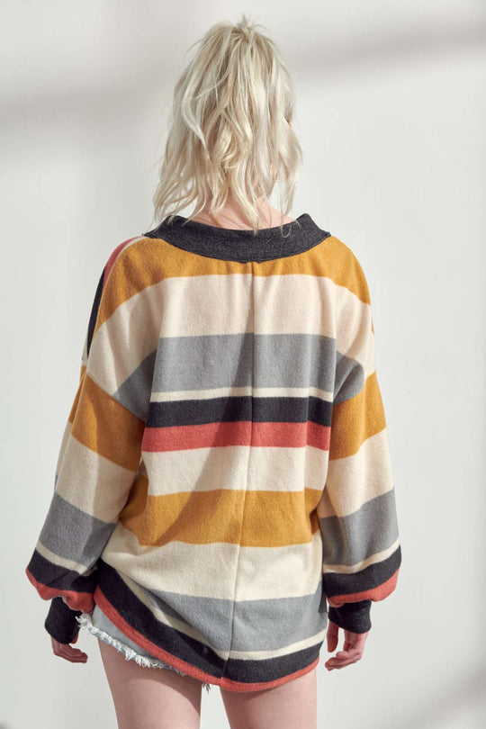 V-Neck Multi Color Stripe Long Sleeve Top