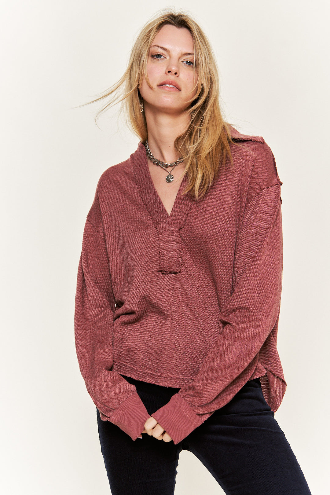 Deep V-Neck Collared Long Sleeve Knit Top