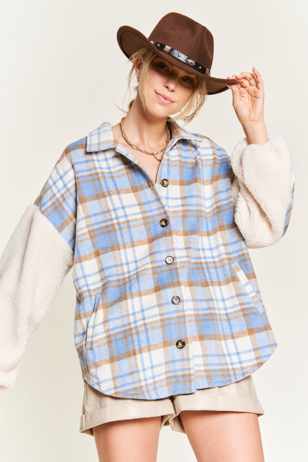 Plaid Fuzzy Sleeve Jacket