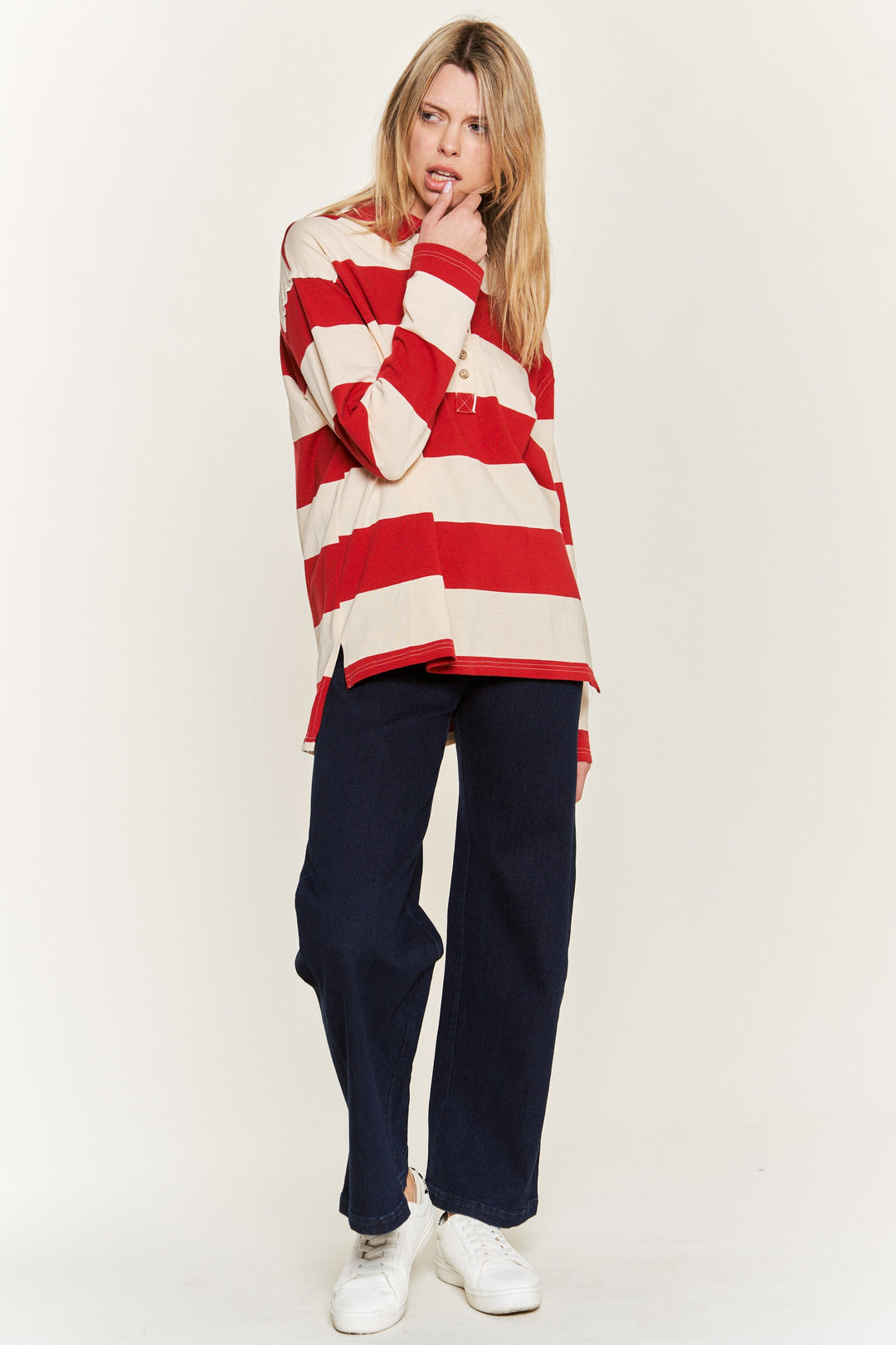 All-Over Striped Jersey Knit Long Sleeve Top