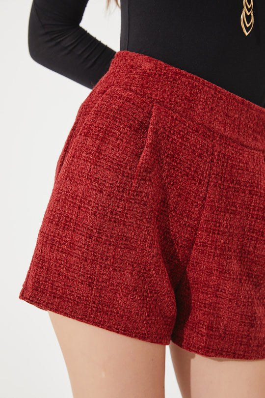 Pleated Textured Tweed Fabric Mini Shorts