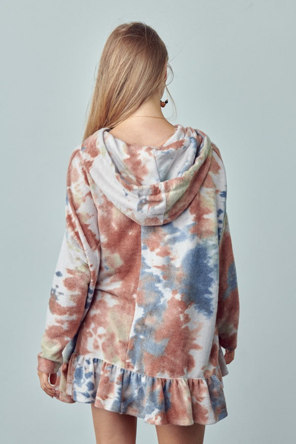 Fluffy Tie Dye Hoodie Ruffle Top