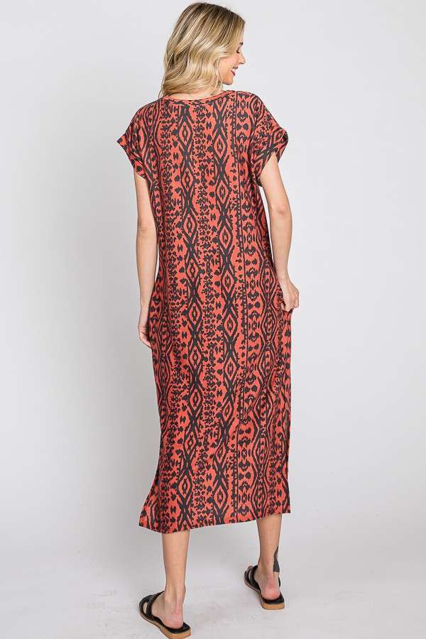 Aztec Print Midi Dress w/ Side Slit