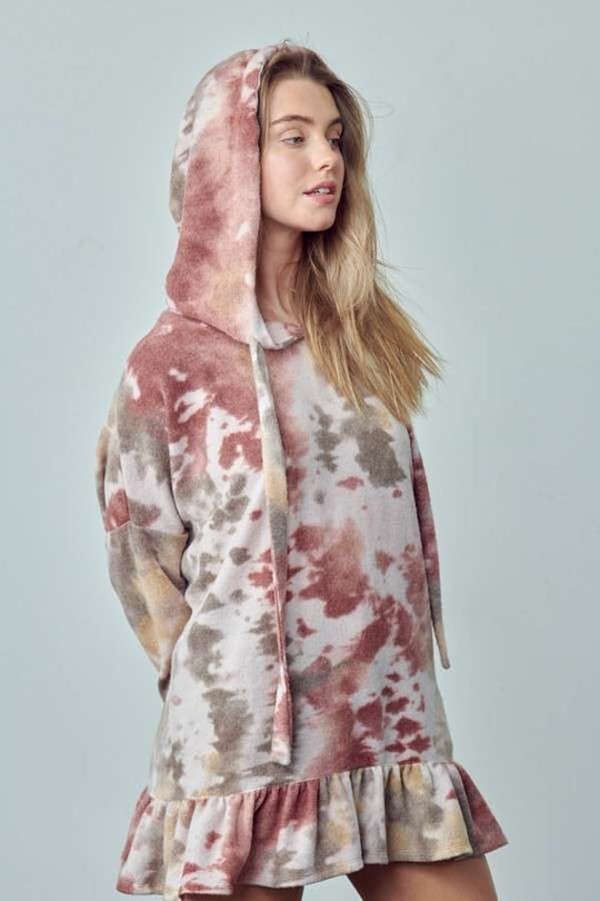 Fluffy Tie Dye Hoodie Ruffle Top