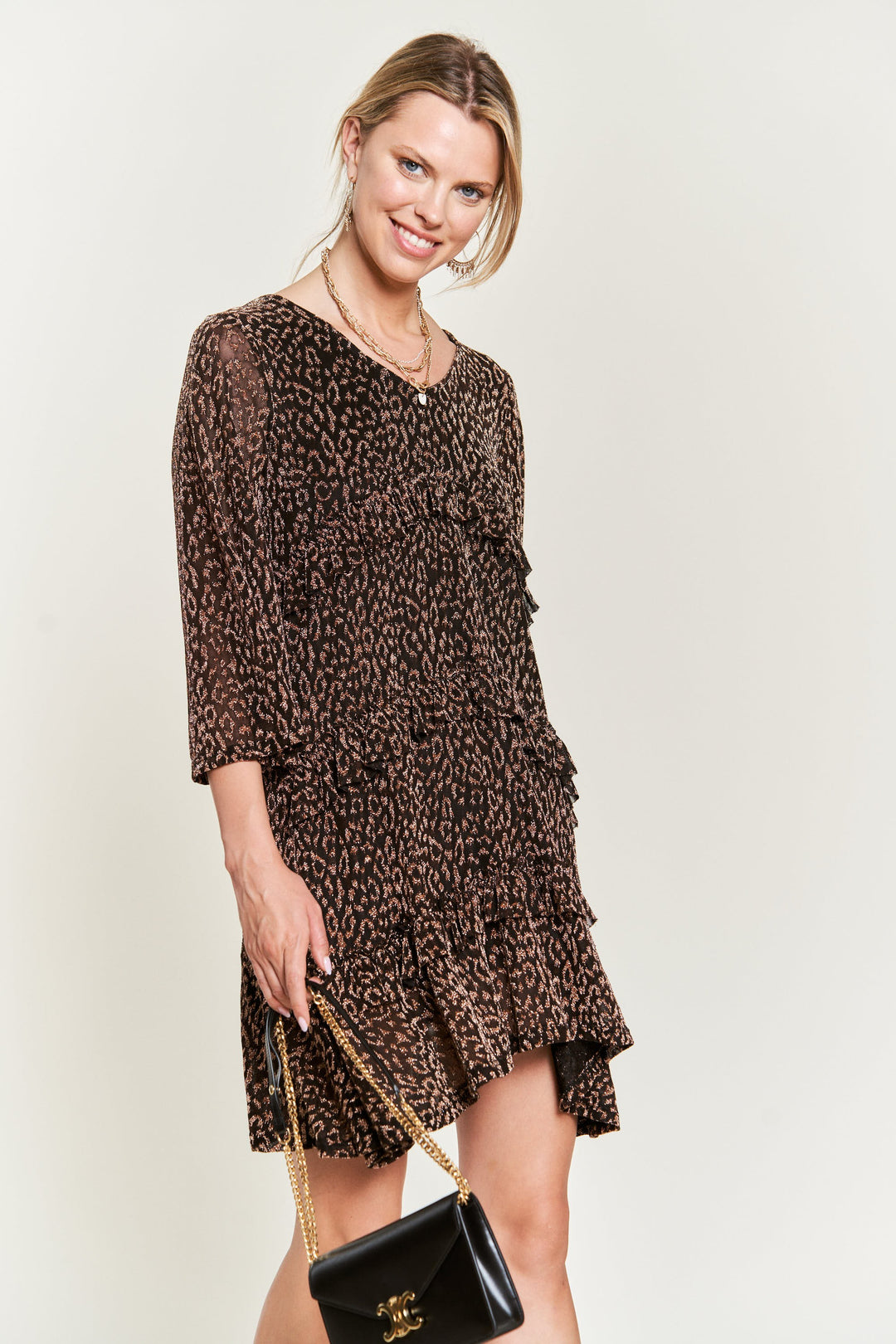 Animal Print Gold Memory JQD Ruffle Dress