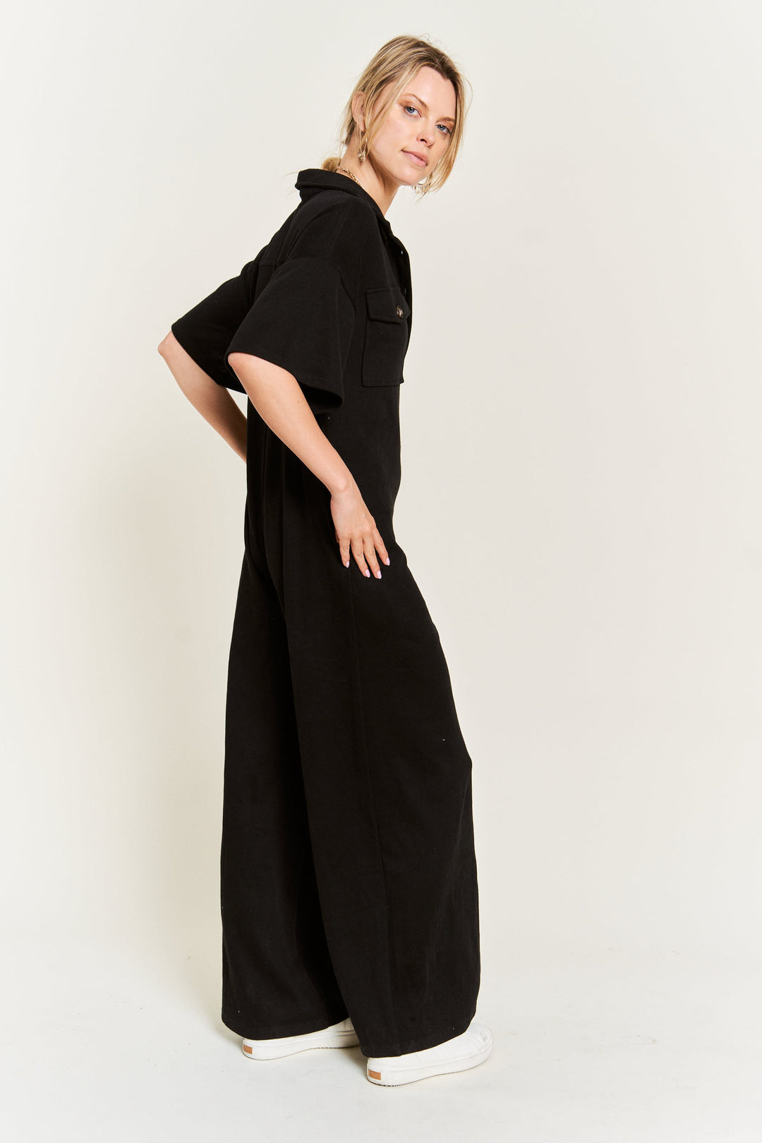 Basic Collar Shirt Wide Leg Jumpsuit