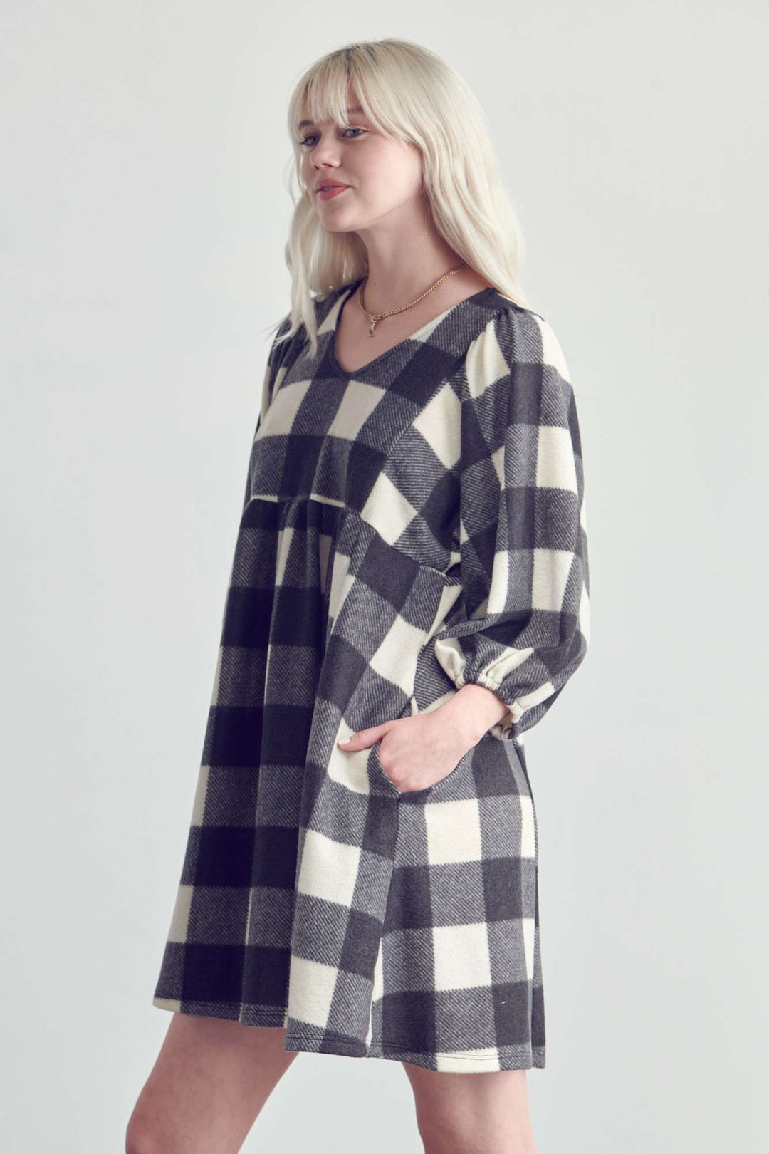 Plaid V-Neck Babydoll Dress