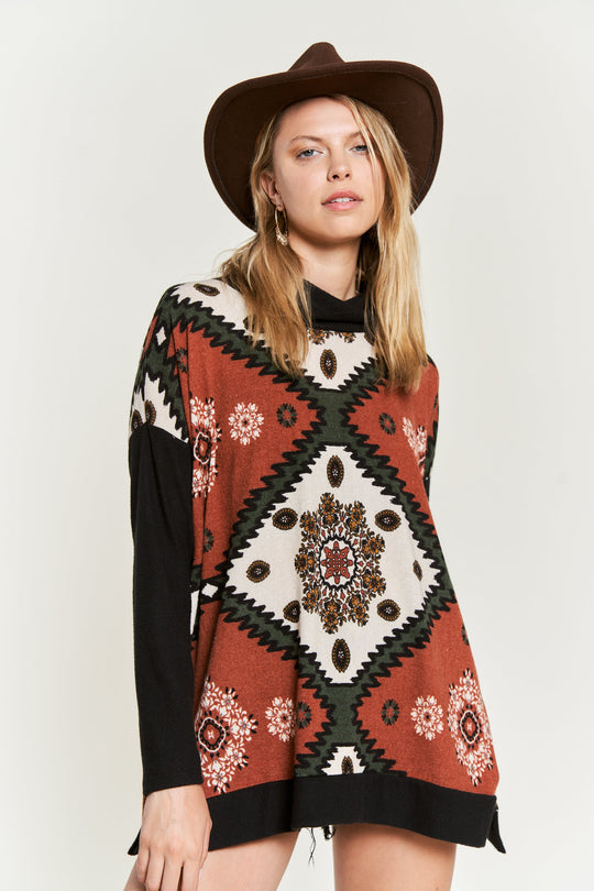 Aztec Floral Print Cowl-Neck Top