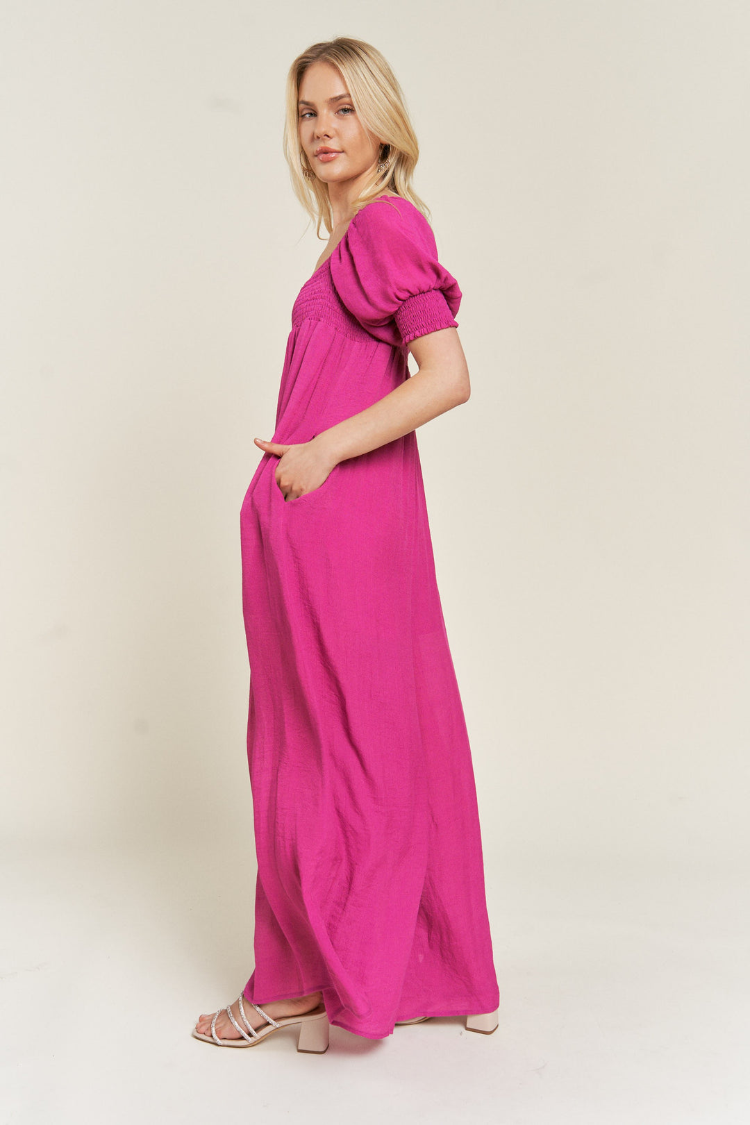 Smocked Neck Wide Leg Jumpsuit