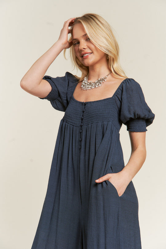 Smocked Neck Wide Leg Jumpsuit