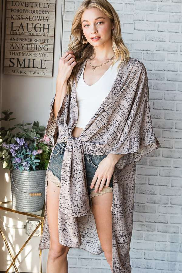 Geo Print Kimono w/ Ruffled Mid Sleeve