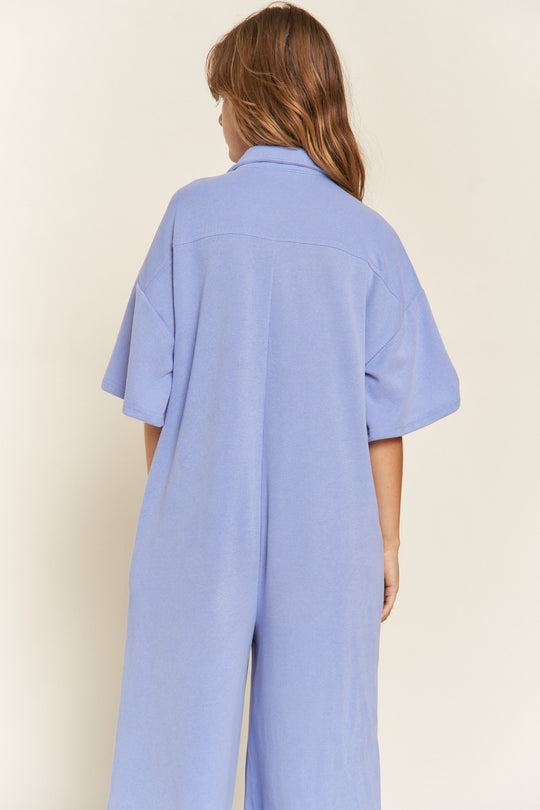 Basic Collar Shirt Wide Leg Jumpsuit