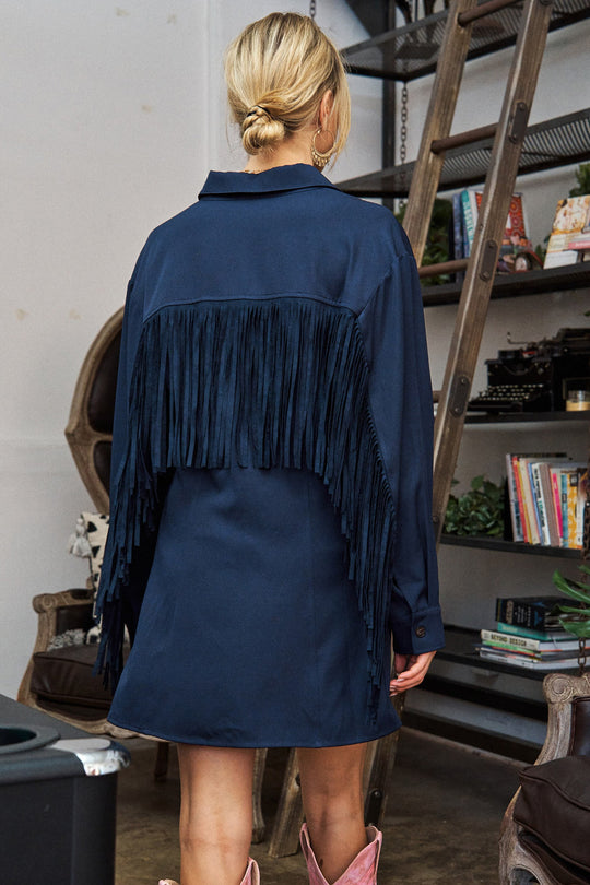 Fringe Trim Woven Shirt Dress