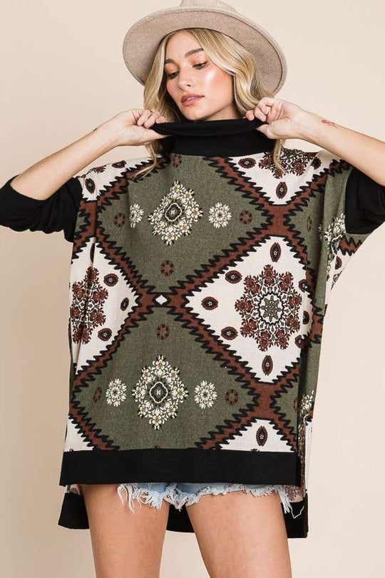 Aztec Floral Print Cowl-Neck Top