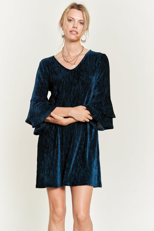 Velvet Bell Sleeve Layered Short Dress