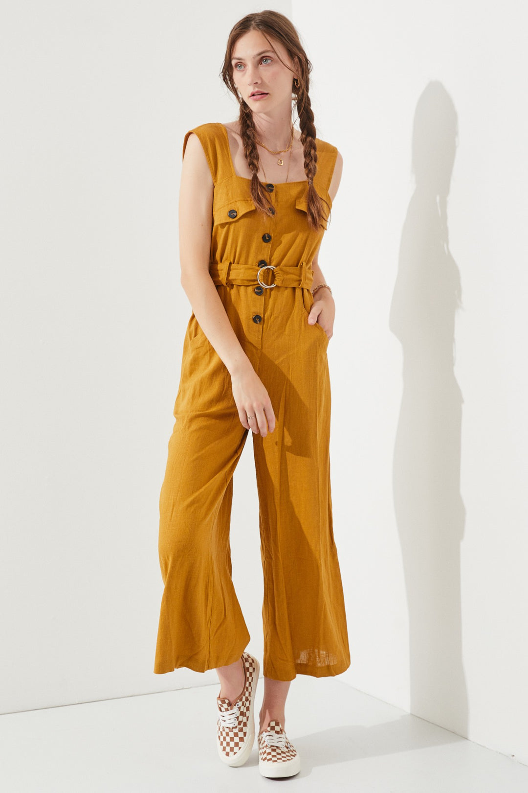 Sleeveless Square Neck Button Down Ankle Jumpsuit