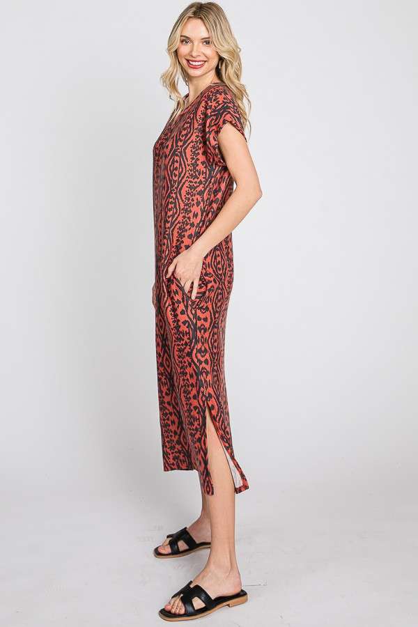 Aztec Print Midi Dress w/ Side Slit