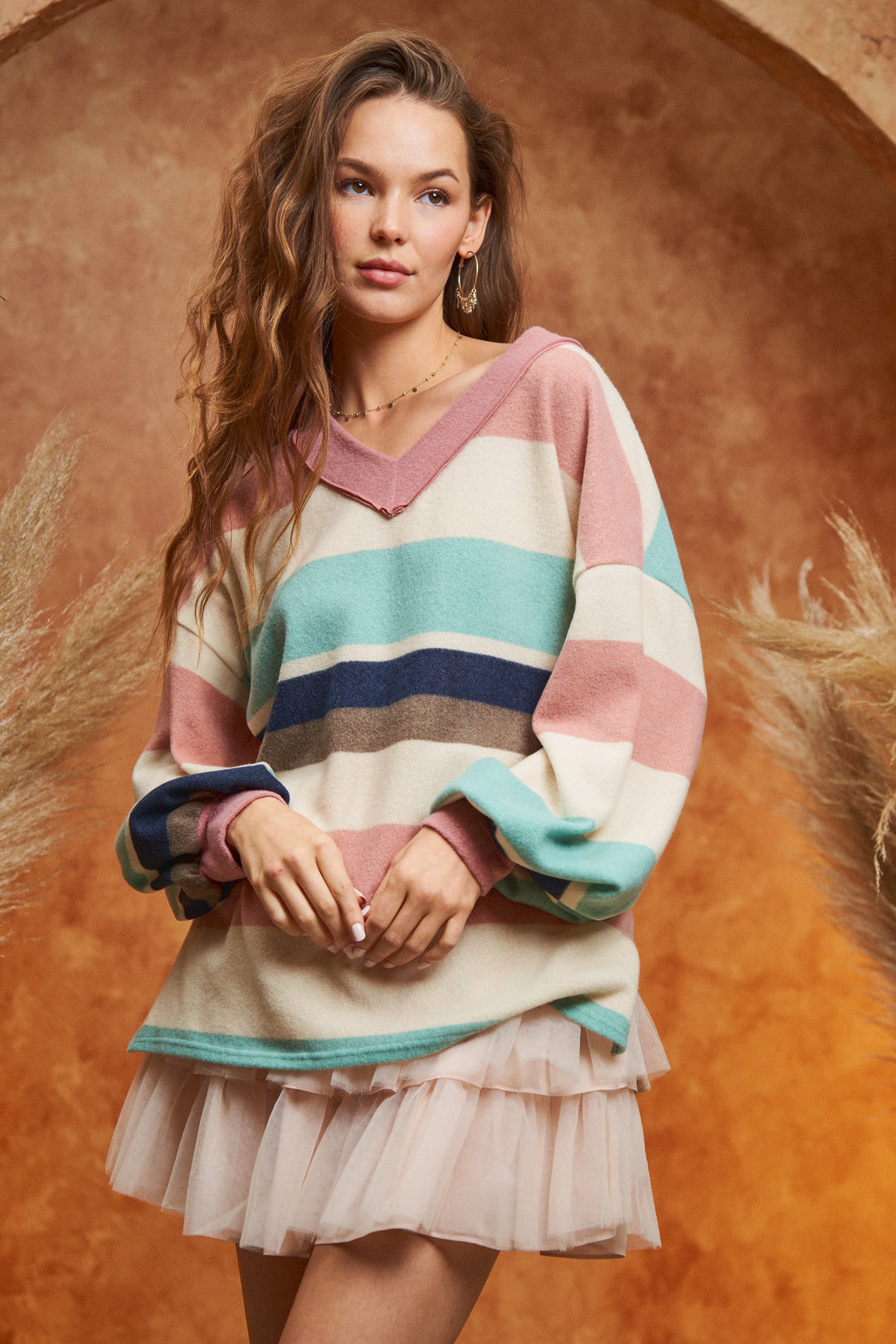 V-Neck Multi Color Stripe Long Sleeve Top