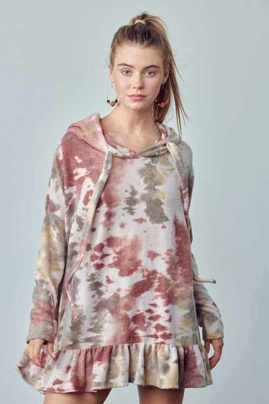 Fluffy Tie Dye Hoodie Ruffle Top