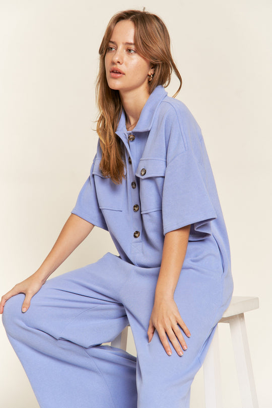 Basic Collar Shirt Wide Leg Jumpsuit