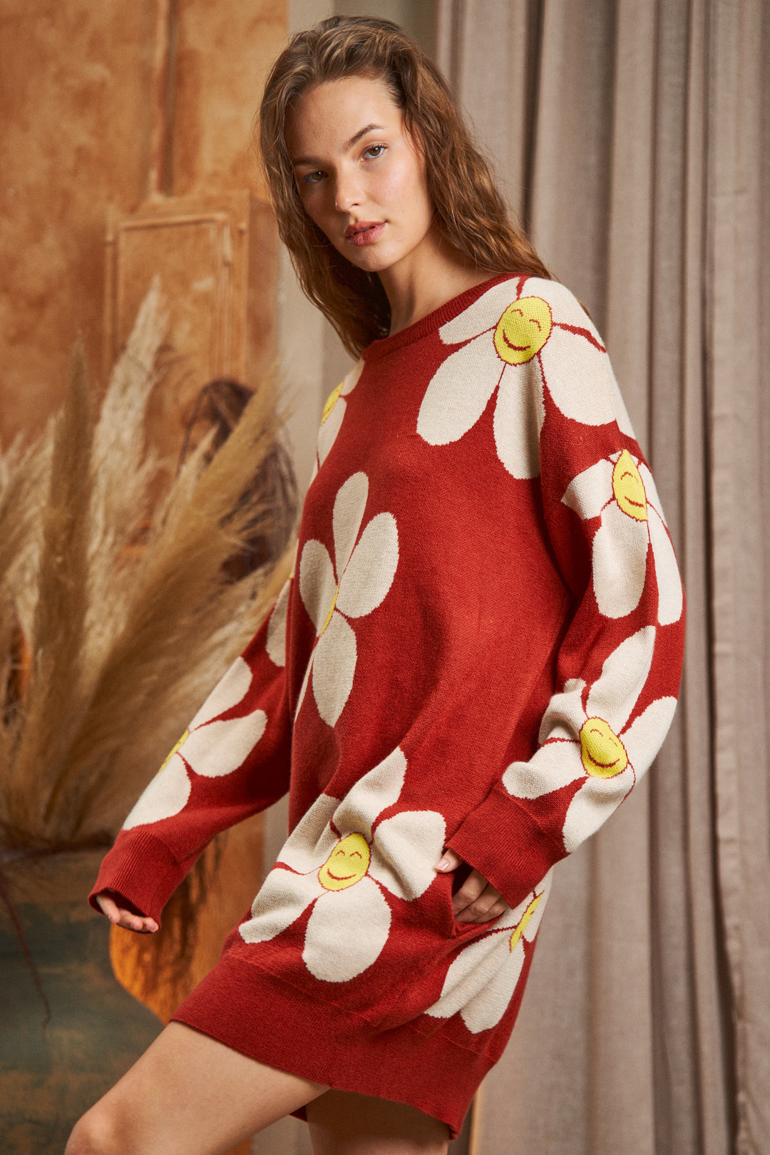 Happy Face Floral Print Knit Sweater Dress