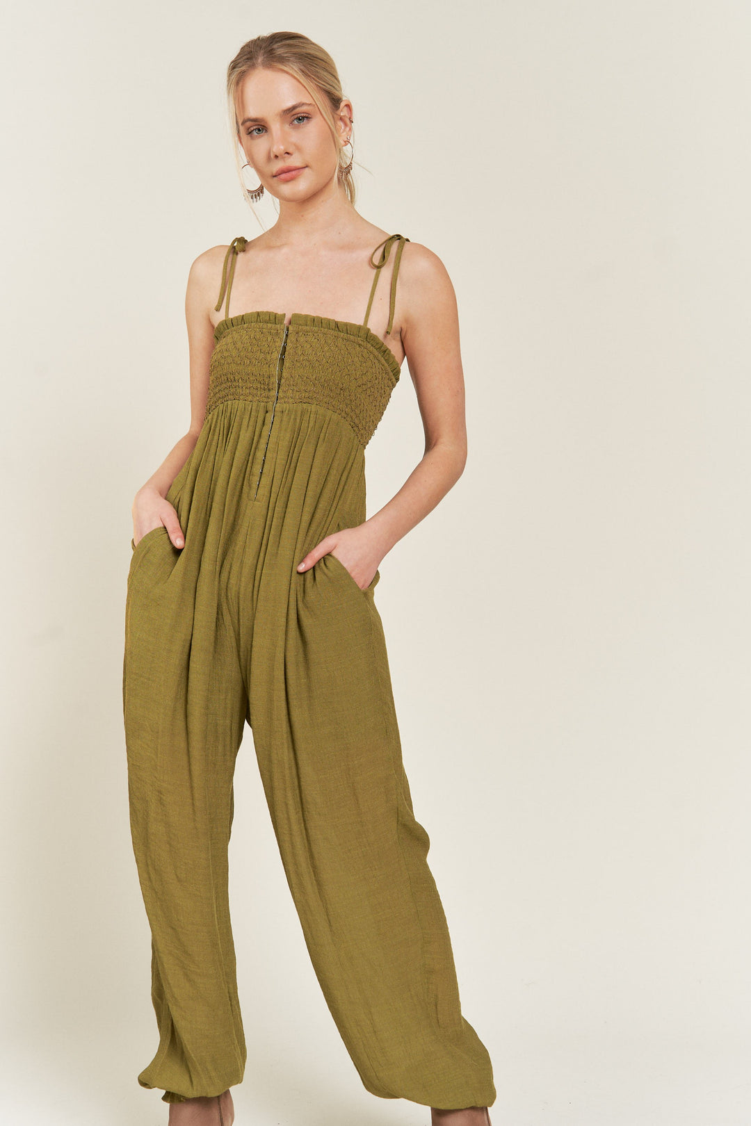 Smocked Tie Strap Jumpsuit