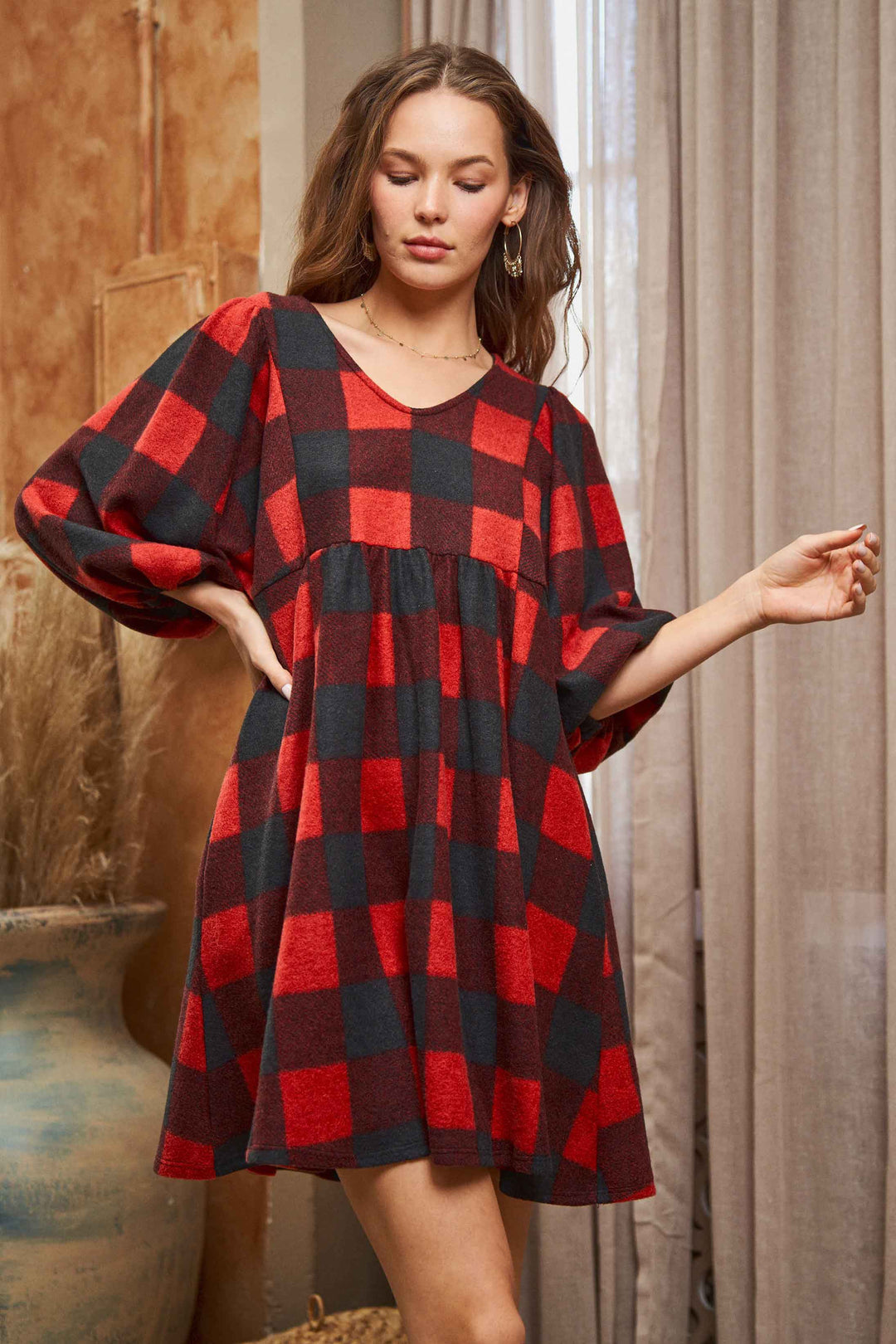 Plaid V-Neck Babydoll Dress