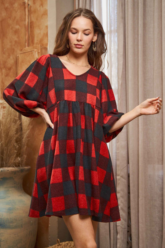 Plaid V-Neck Babydoll Dress