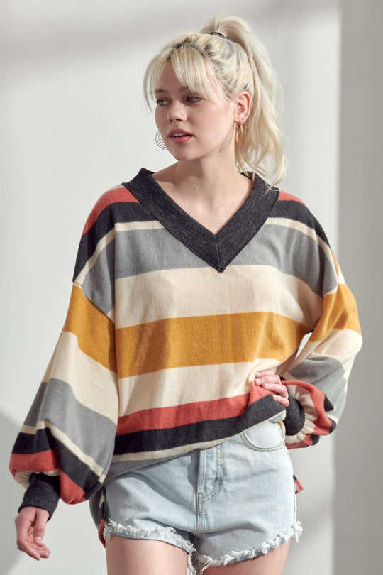 V-Neck Multi Color Stripe Long Sleeve Top