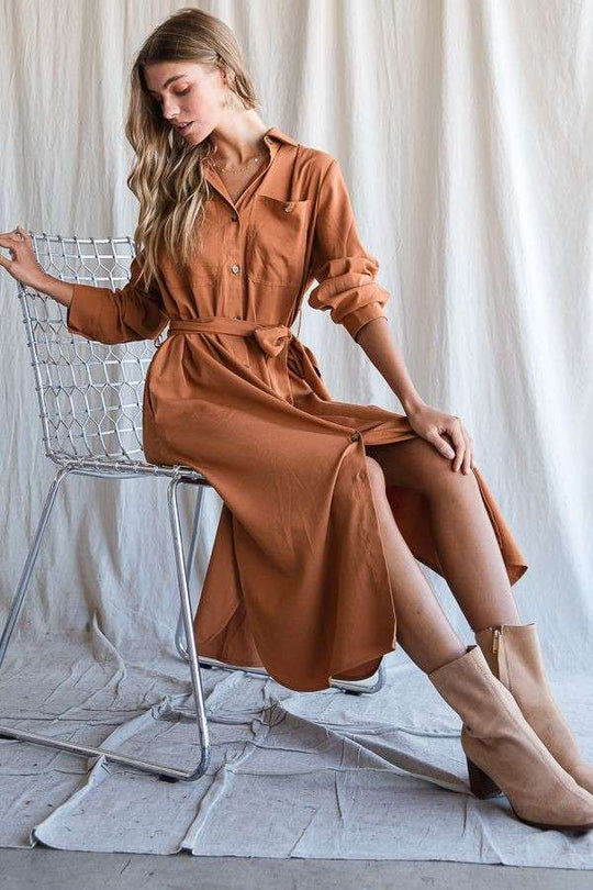 Solid Button-Down Belted Long Dress