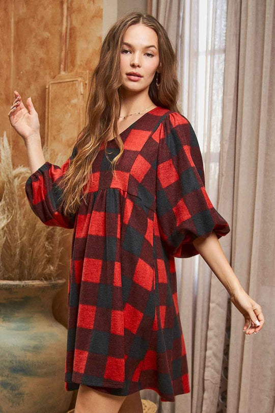 Plaid V-Neck Babydoll Dress