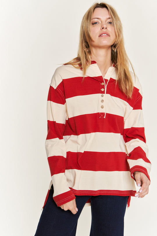 All-Over Striped Jersey Knit Long Sleeve Top