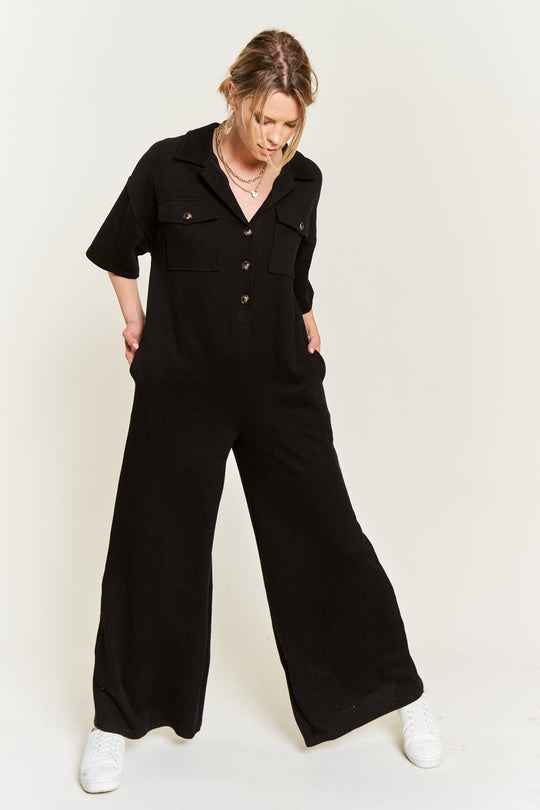 Basic Collar Shirt Wide Leg Jumpsuit