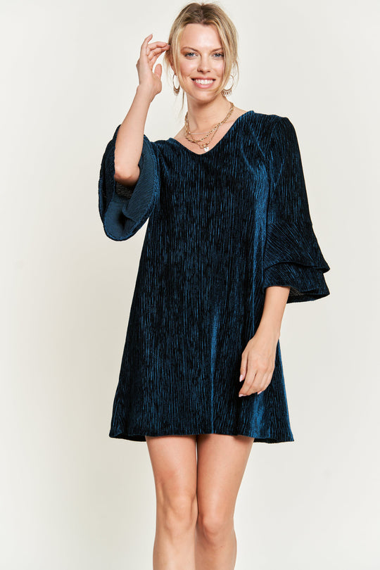 Velvet Bell Sleeve Layered Short Dress