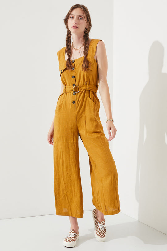 Sleeveless Square Neck Button Down Ankle Jumpsuit