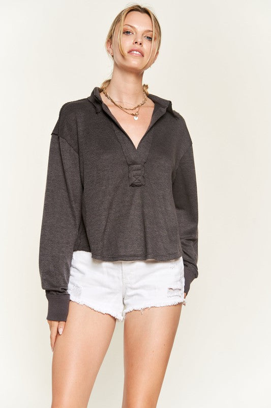 Deep V-Neck Collared Long Sleeve Knit Top