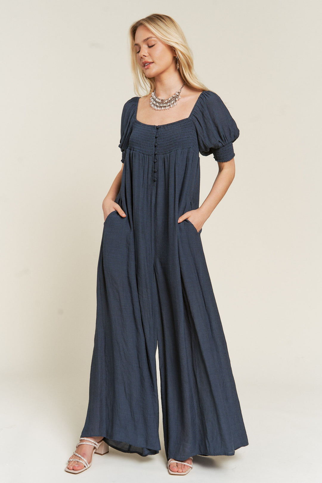 Smocked Neck Wide Leg Jumpsuit