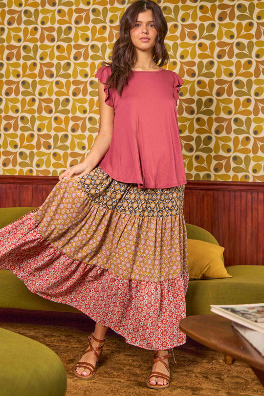 Multi-Print Layered Long Skirt