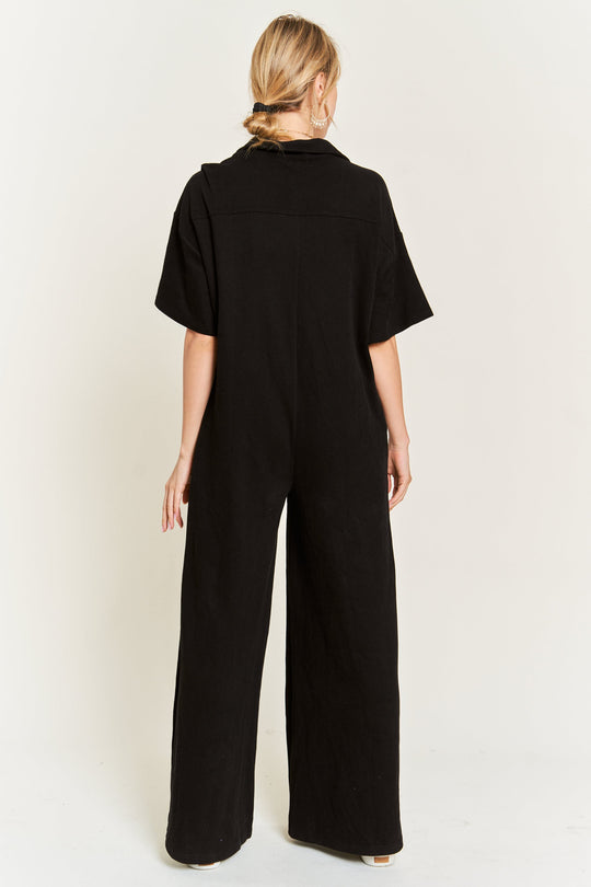 Basic Collar Shirt Wide Leg Jumpsuit