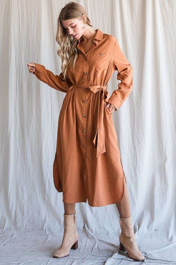 Solid Button-Down Belted Long Dress