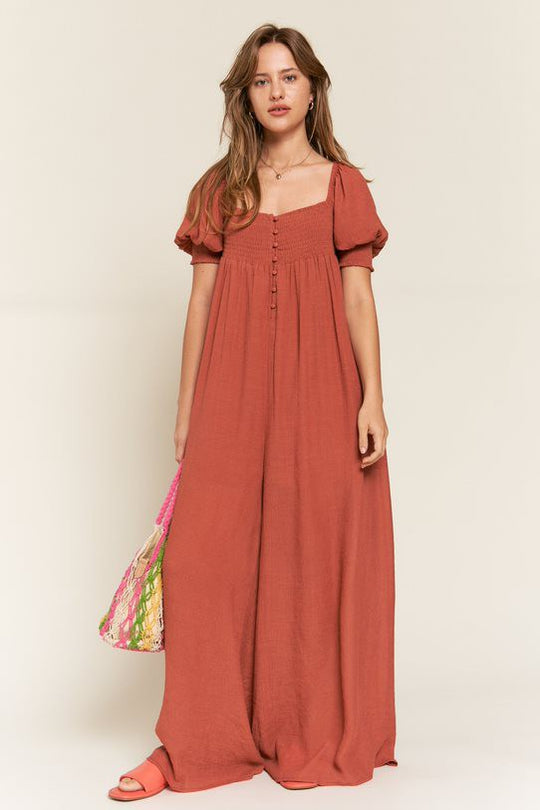 Smocked Neck Wide Leg Jumpsuit