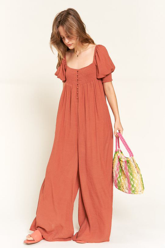 Smocked Neck Wide Leg Jumpsuit