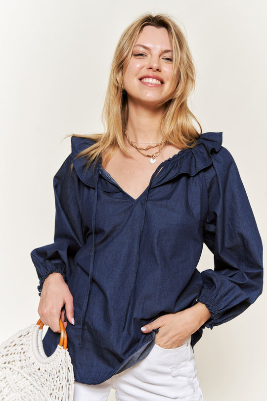 Ruffled V-Neck Tie Straps Blouse