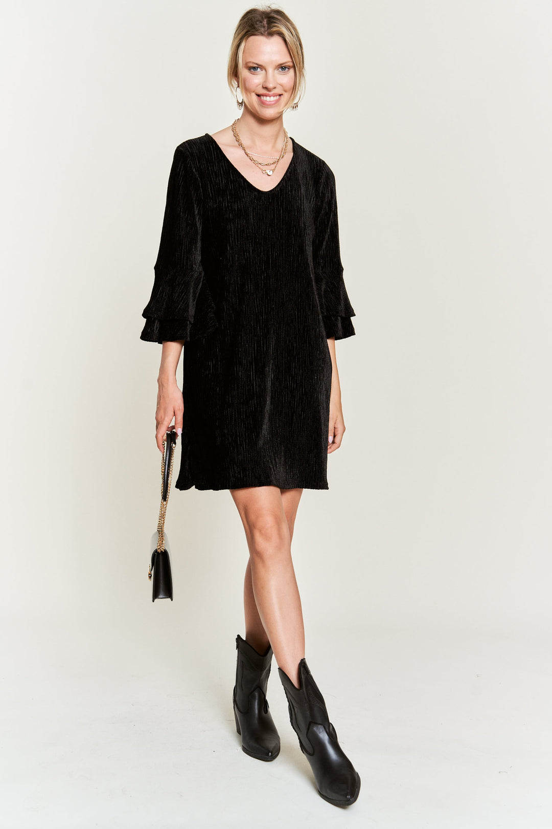 Velvet Bell Sleeve Layered Short Dress